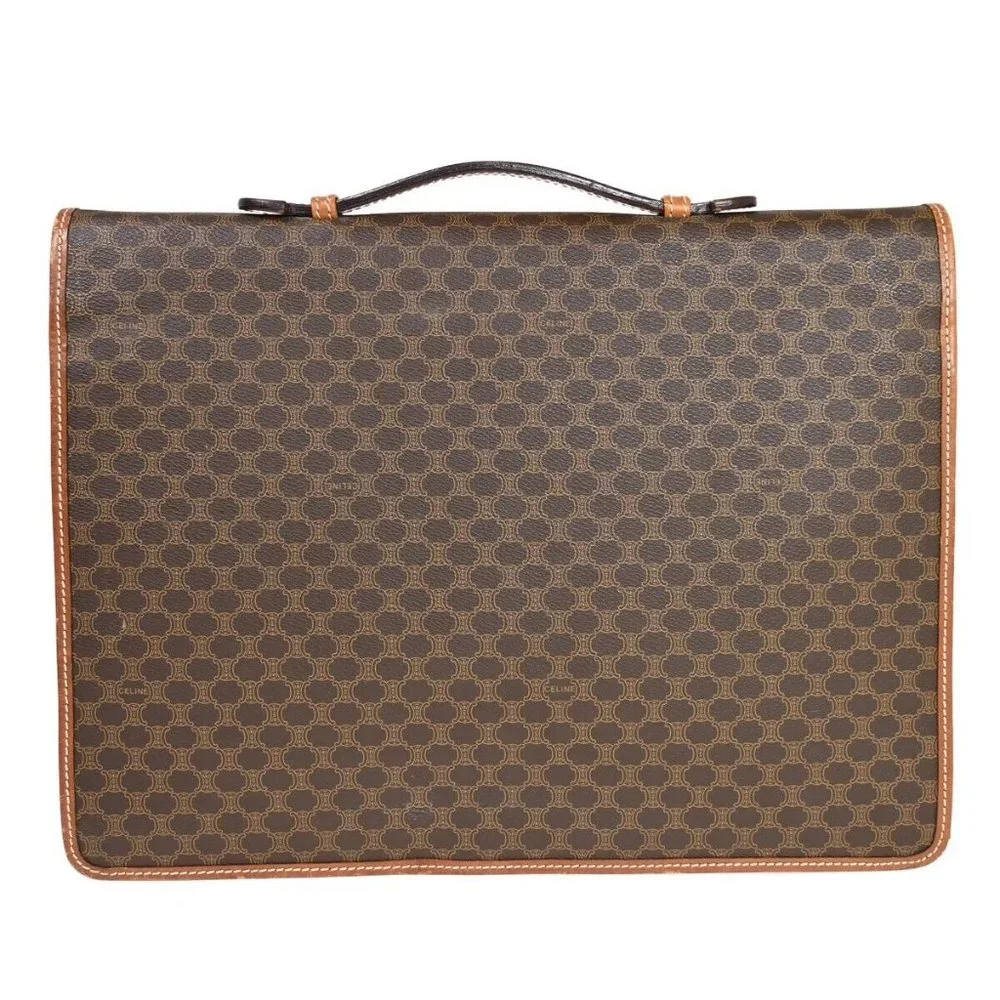 CELINE Logo Macadam Pattern Briefcase Hand Bag PVC Leather Brown Italy